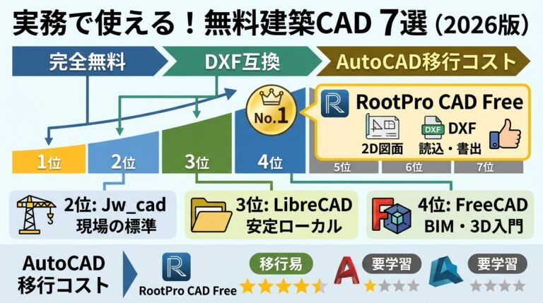 建築実務で使える無料CADソフト7選【2026年最新版】DXF対応・期間制限なし・AutoCAD移行コスト比較